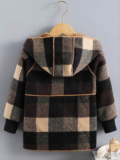 Boys' long-sleeved plaid jacket with fleece lining, front button fastening and pockets - Warm and cozy for winter, casual cardigan collar, machine washable