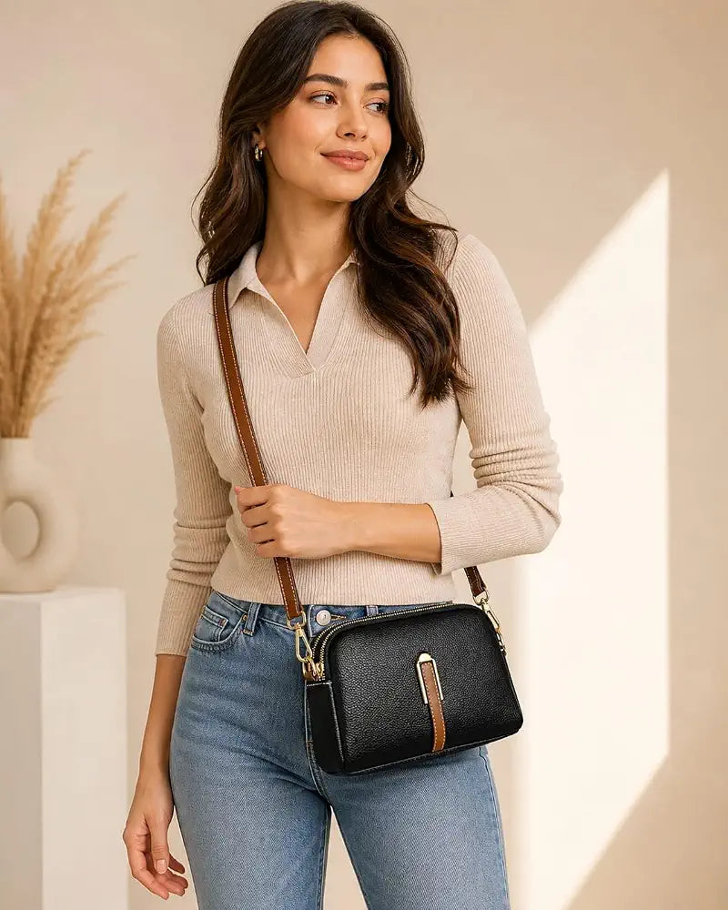 Women's genuine leather handbag with flap, luxurious, messenger style, crossbody