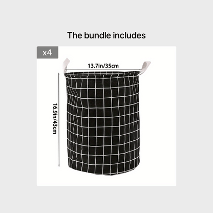 Round, portable fabric laundry basket, ideal for the laundry room or bathroom