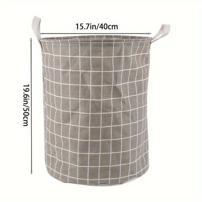 Round, portable fabric laundry basket, ideal for the laundry room or bathroom