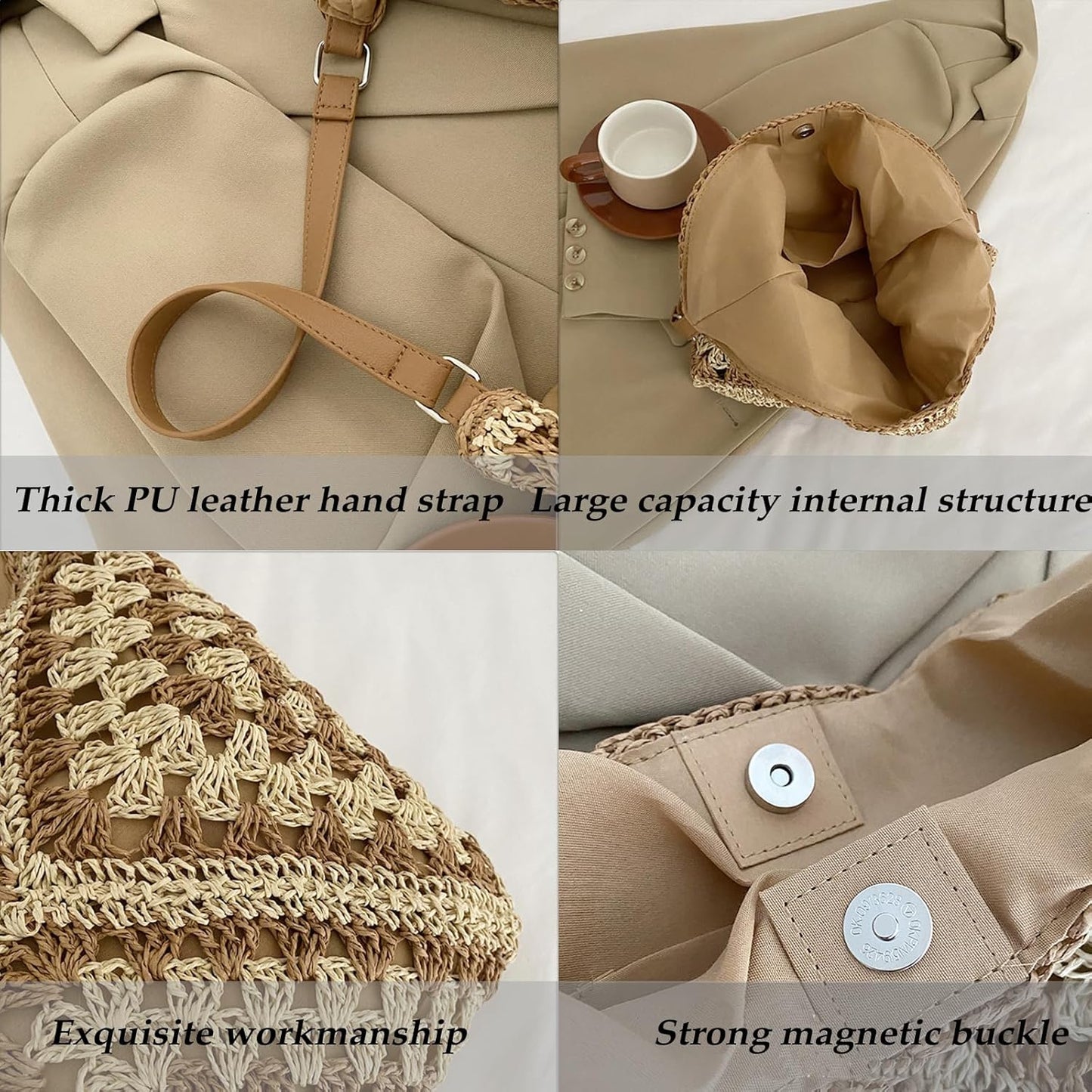Popular women's shoulder bag in woven straw, medium size, with strap, ideal for the beach