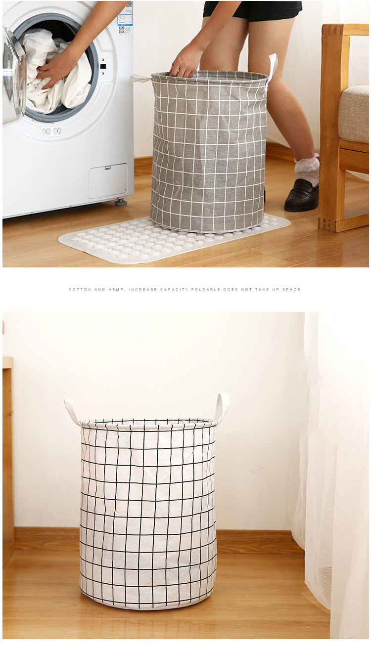Round, portable fabric laundry basket, ideal for the laundry room or bathroom