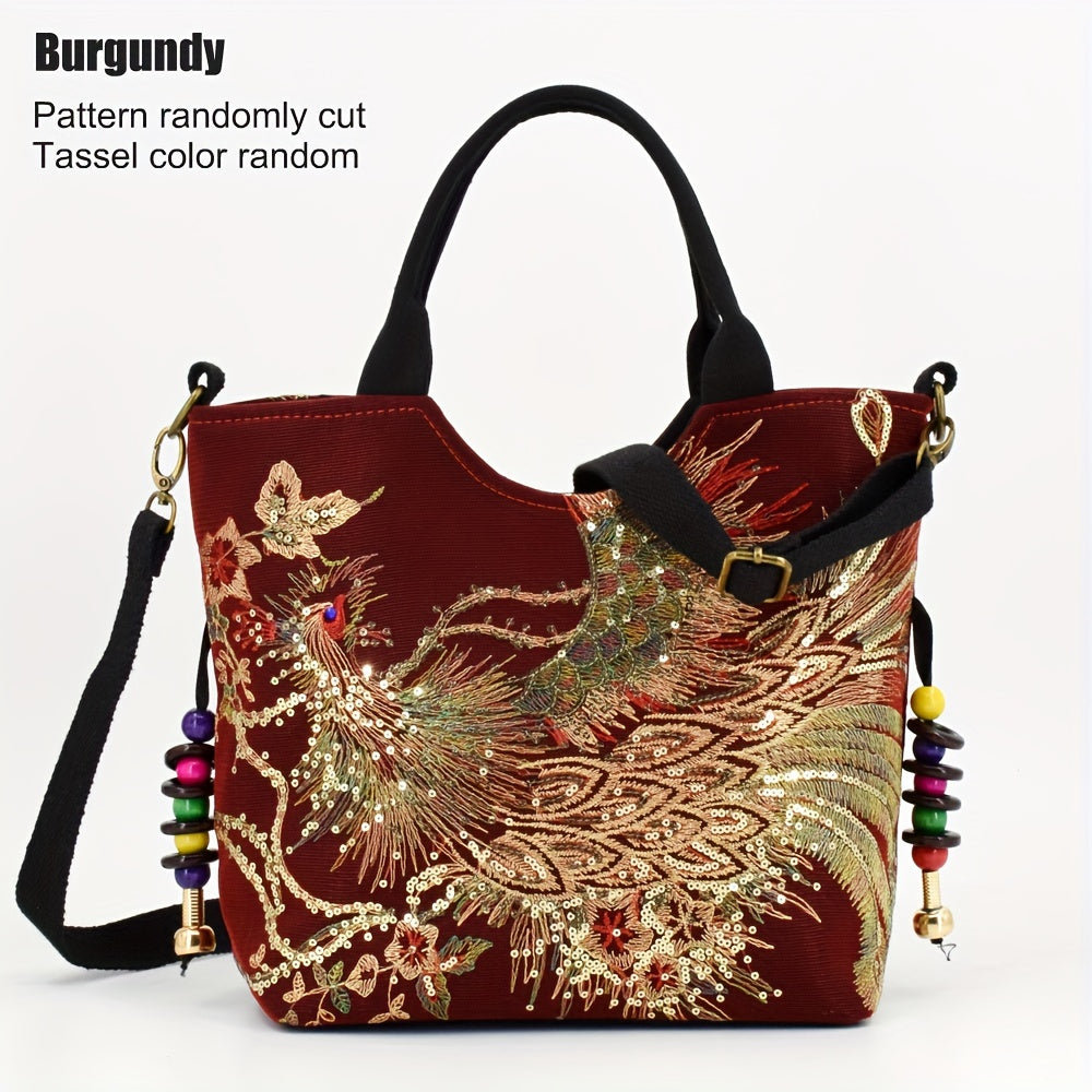 Women's embroidered crossbody bag with detachable double strap, retro style