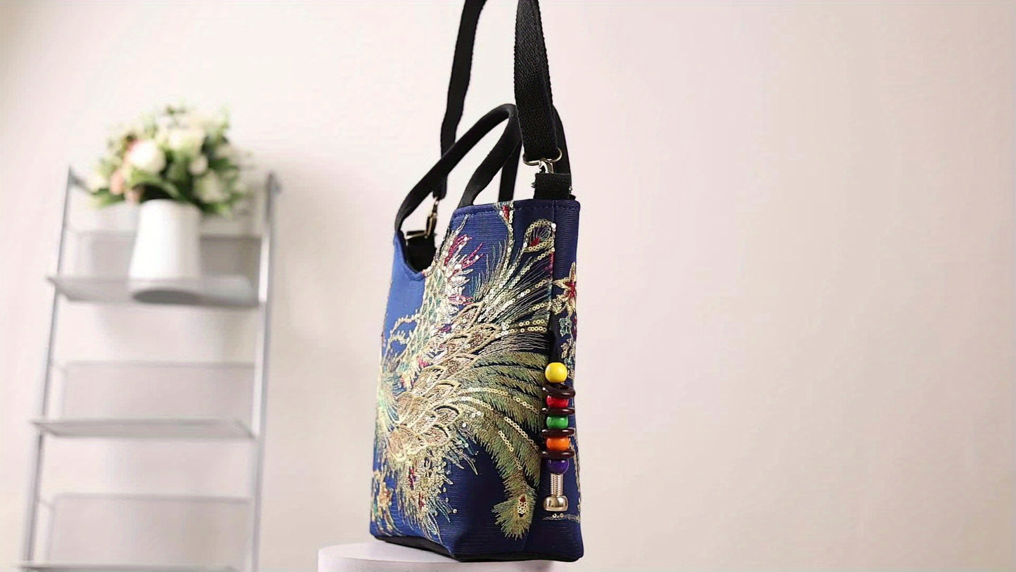 Women's embroidered crossbody bag with detachable double strap, retro style