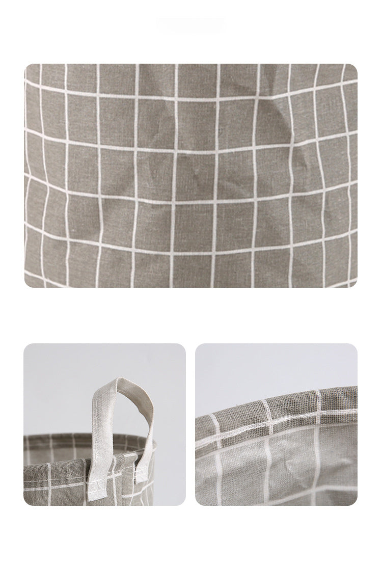 Round, portable fabric laundry basket, ideal for the laundry room or bathroom