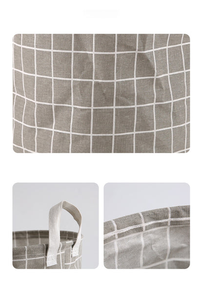 Round, portable fabric laundry basket, ideal for the laundry room or bathroom