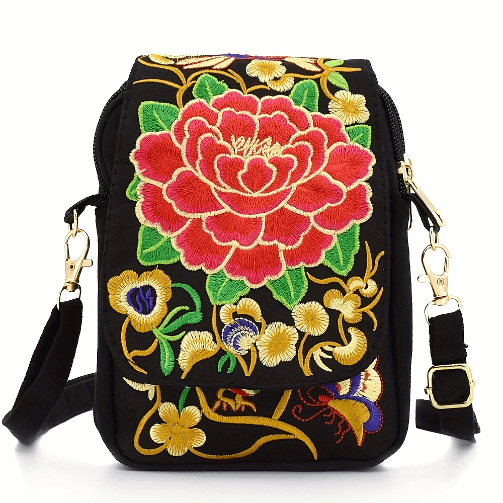 Women's Crossbody Bag with Removable Strap – Floral and Geometric Embroidery Print