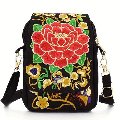 Women's Crossbody Bag with Removable Strap – Floral and Geometric Embroidery Print