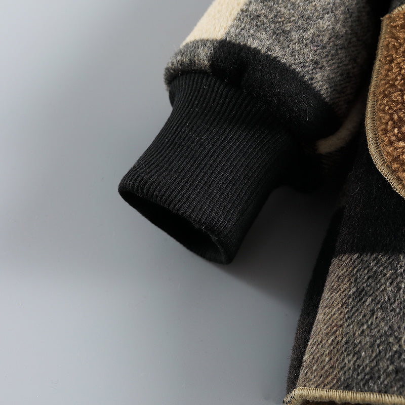 Boys' long-sleeved plaid jacket with fleece lining, front button fastening and pockets - Warm and cozy for winter, casual cardigan collar, machine washable