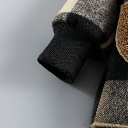 Boys' long-sleeved plaid jacket with fleece lining, front button fastening and pockets - Warm and cozy for winter, casual cardigan collar, machine washable