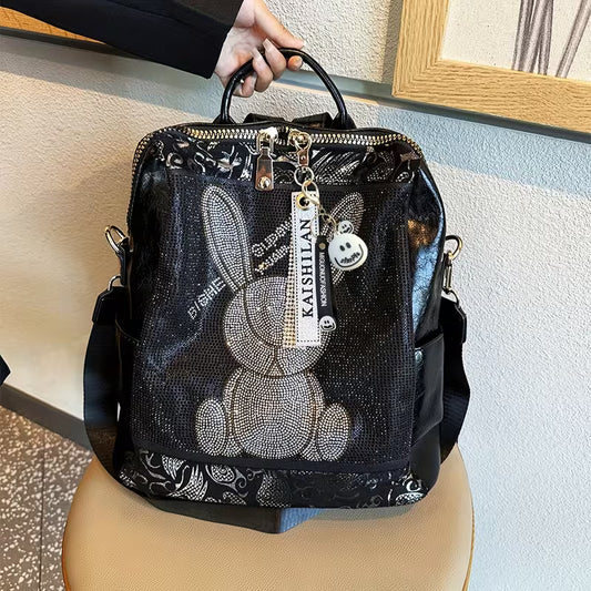 Multifunctional women's backpack with rabbit design and rhinestones, made of leather