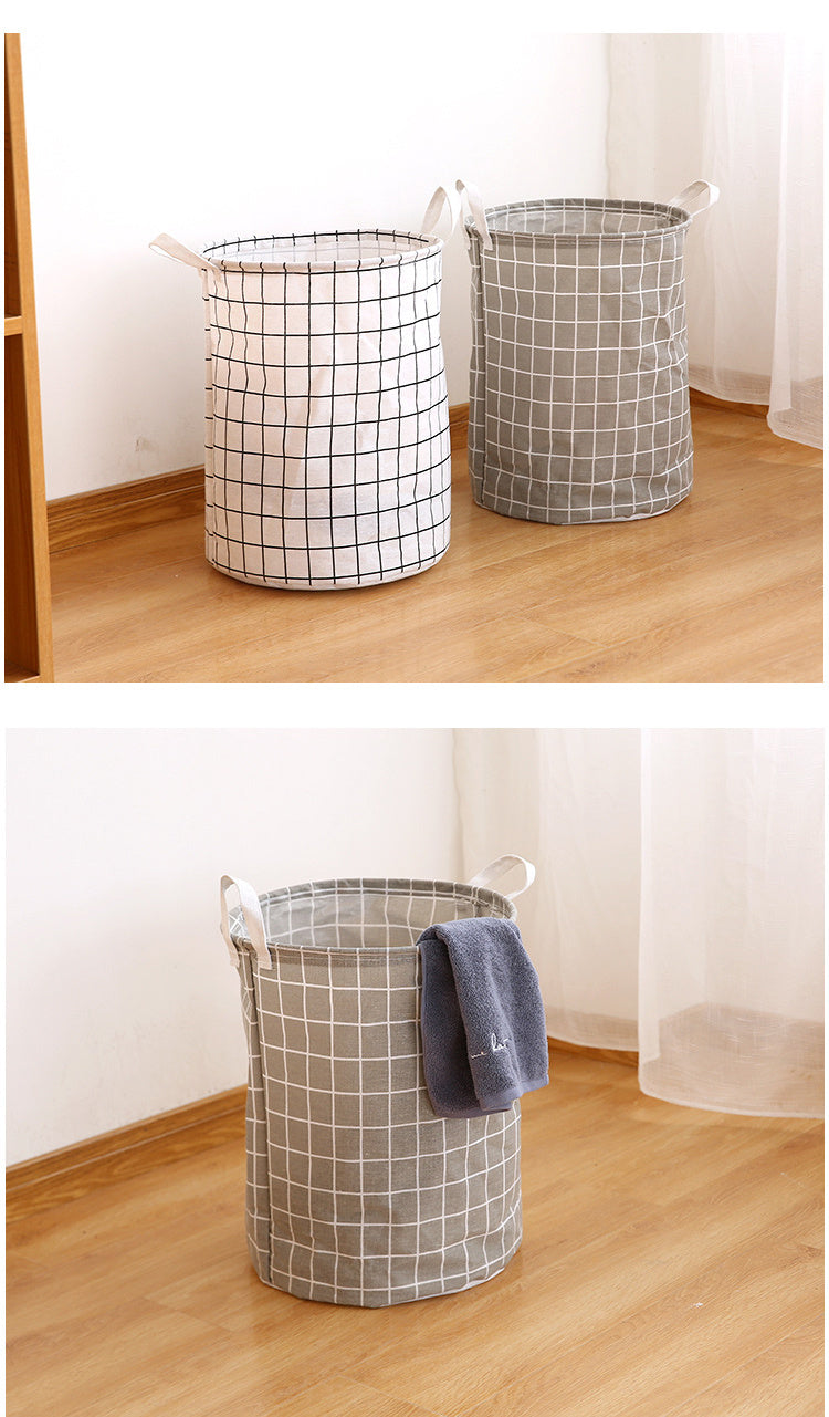 Round, portable fabric laundry basket, ideal for the laundry room or bathroom