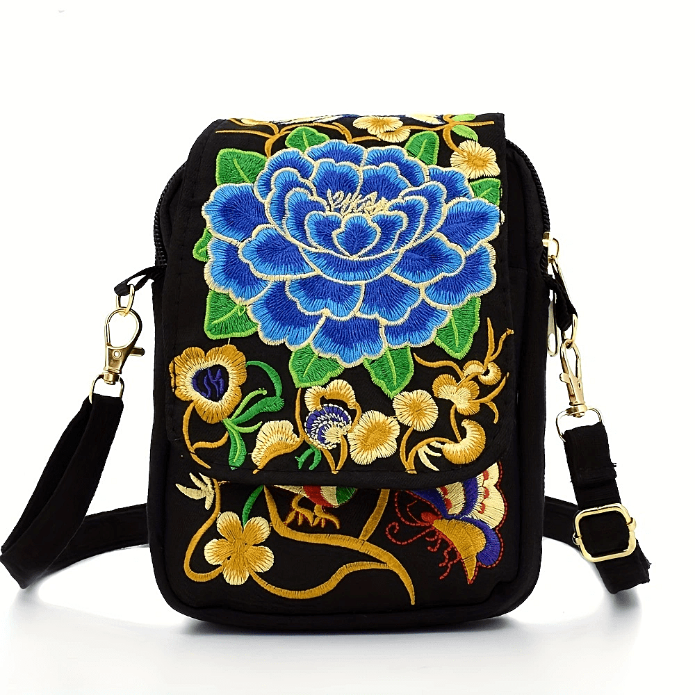 Women's Crossbody Bag with Removable Strap – Floral and Geometric Embroidery Print