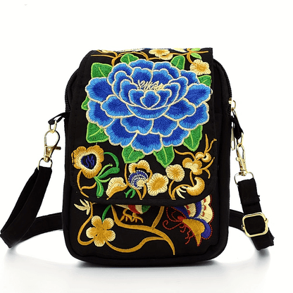 Women's Crossbody Bag with Removable Strap – Floral and Geometric Embroidery Print