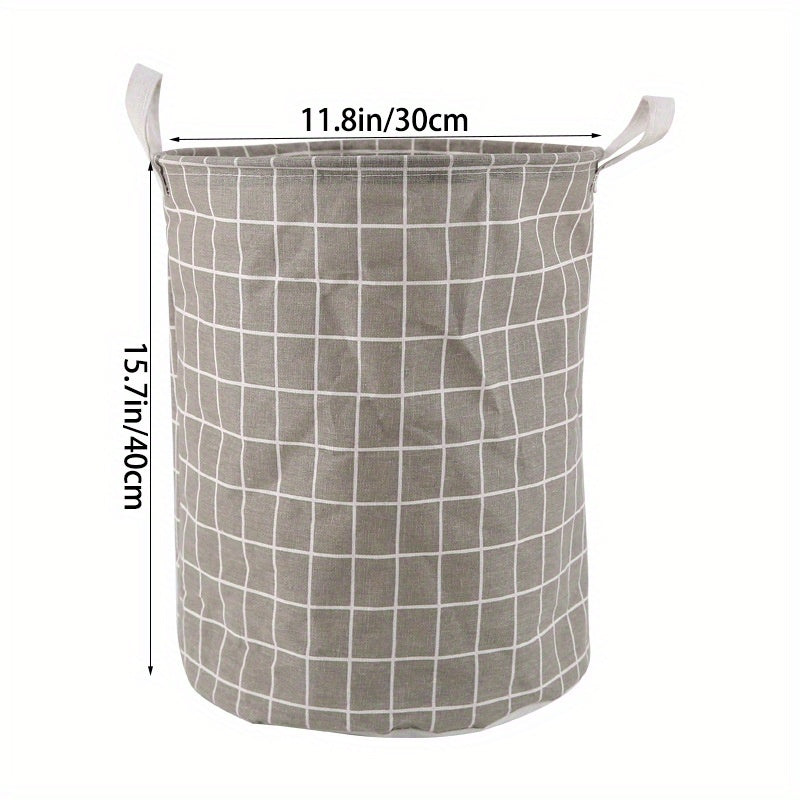 Round, portable fabric laundry basket, ideal for the laundry room or bathroom