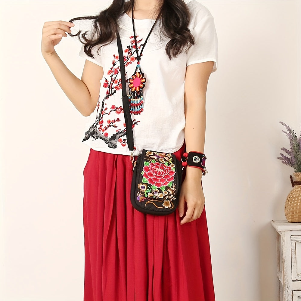 Women's Crossbody Bag with Removable Strap – Floral and Geometric Embroidery Print