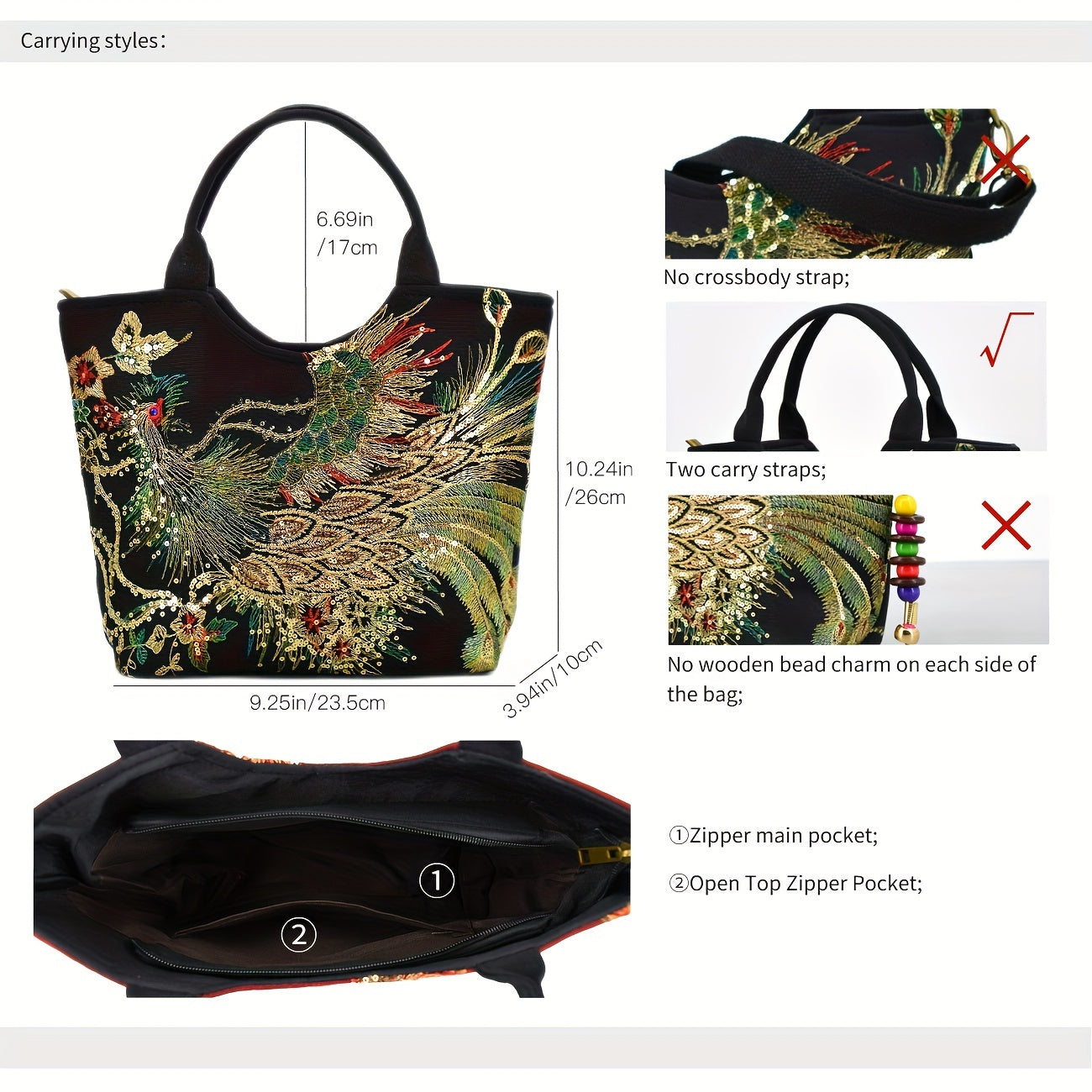 Women's embroidered crossbody bag with detachable double strap, retro style