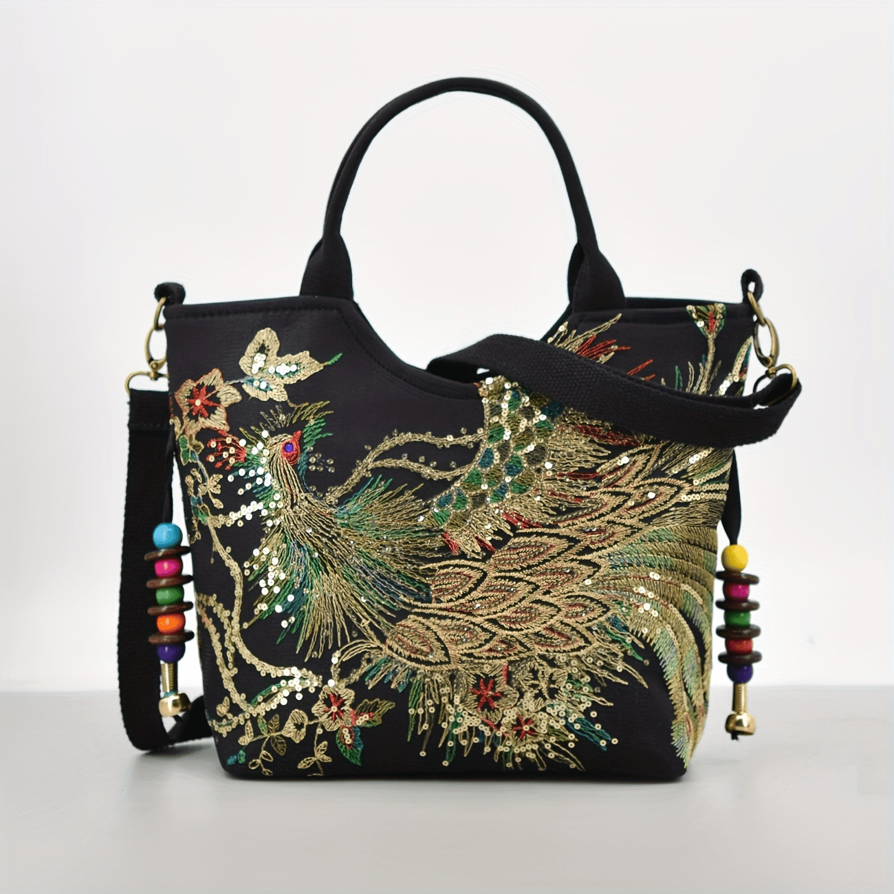 Women's embroidered crossbody bag with detachable double strap, retro style