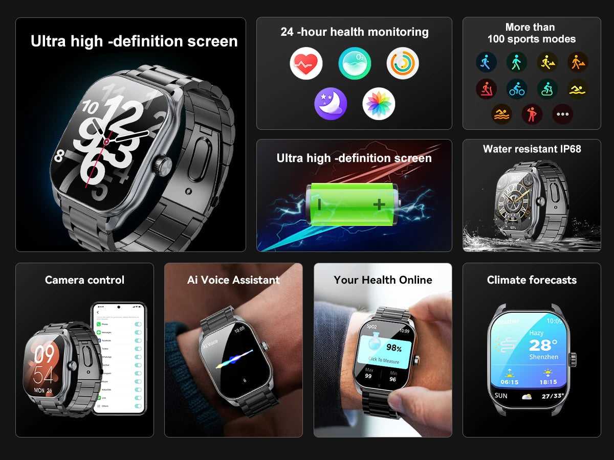 Karchilor men's smartwatch with a 2.01-inch curved screen, Bluetooth calling, IP68 water resistance, ideal for sports and fitness