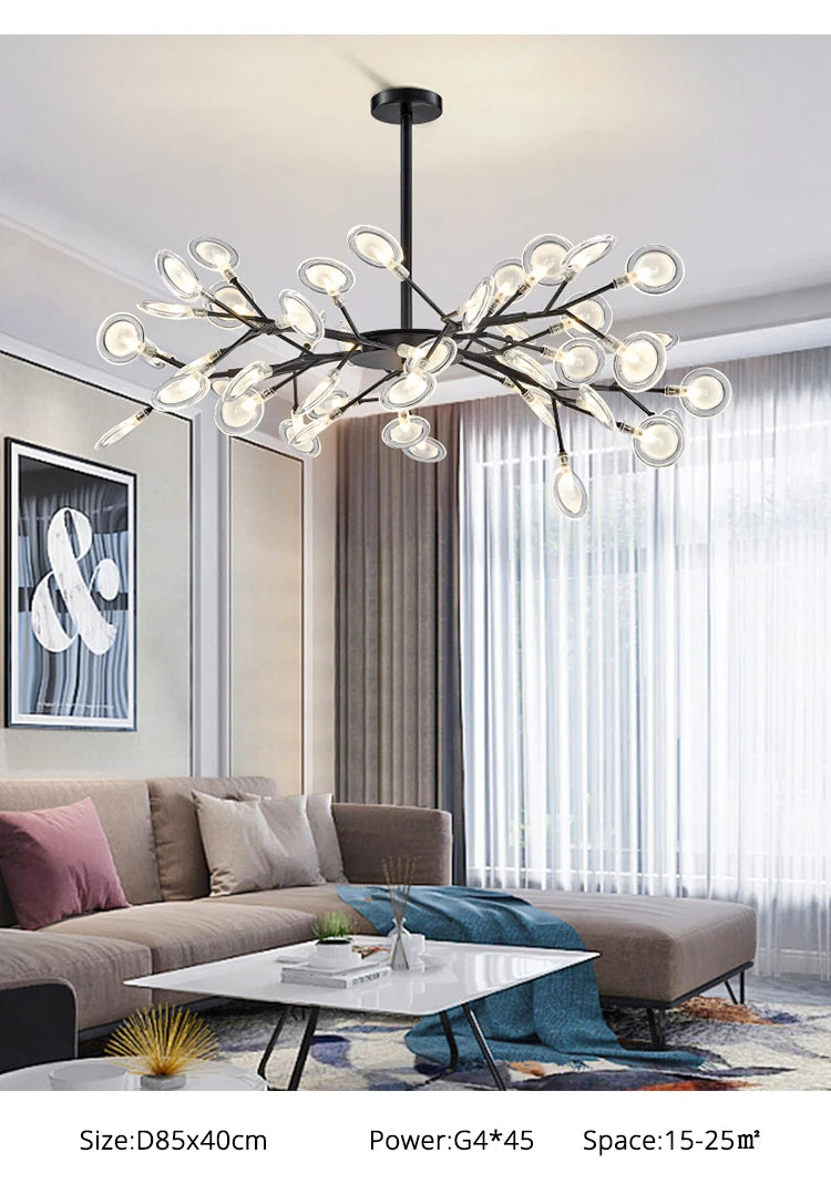 Modern and stunning Nordic-style LED ceiling light with 54 gold G9 bulbs, ideal for living rooms and bedrooms. Luxurious interior decoration