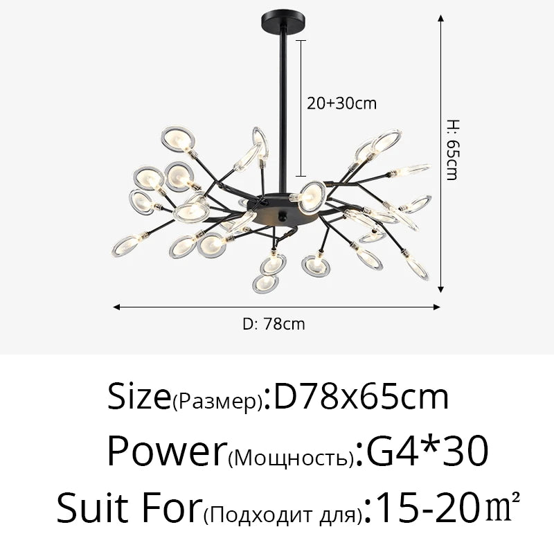 Modern and stunning Nordic-style LED ceiling light with 54 gold G9 bulbs, ideal for living rooms and bedrooms. Luxurious interior decoration