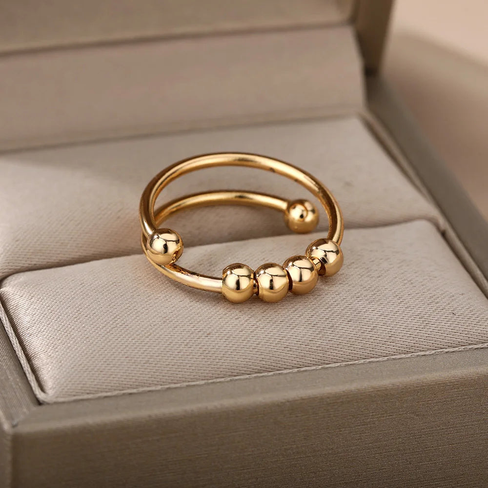 Adjustable Anti-Stress Ring for Women – Open Design with Spinning Beads, 18k Gold-Plated Stainless Steel