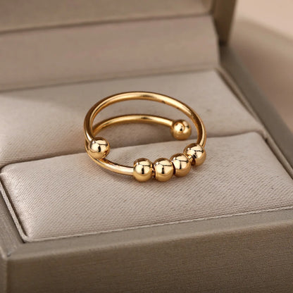 Adjustable Anti-Stress Ring for Women – Open Design with Spinning Beads, 18k Gold-Plated Stainless Steel