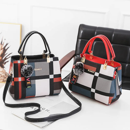 Women's Casual Bag with Stitching Details, Plaid Print, and Shoulder Strap – Crossbody/Tote Style