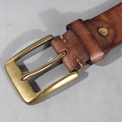 Vintage luxury men's belt, handmade from cowhide leather with a copper buckle, Cinturon Gotico model, versatile for wearing with jeans and other casual outfits
