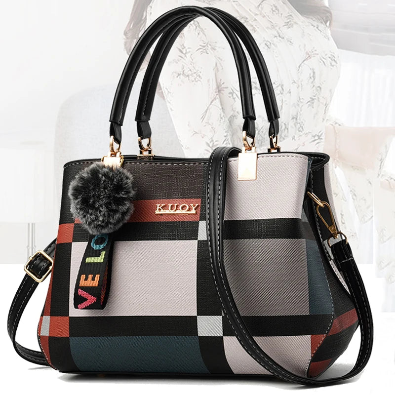 Women's Casual Bag with Stitching Details, Plaid Print, and Shoulder Strap – Crossbody/Tote Style