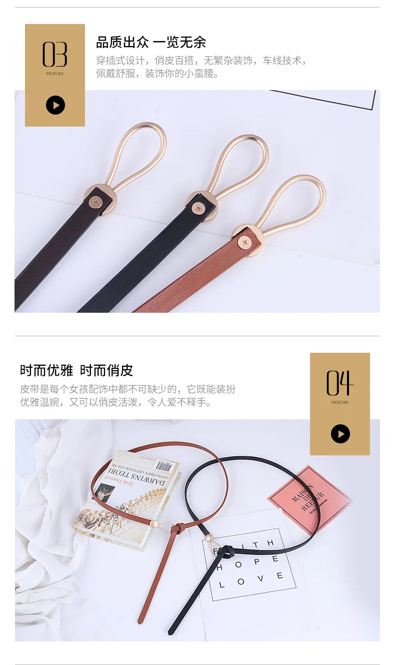 Women's leather belt with a stylish and versatile metal buckle, ideal for pairing with dresses, coats, and sweaters