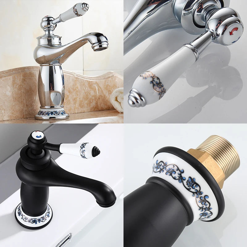 Bathroom faucet with antique bronze finish, made of solid brass, for washbasin, with single lever and water mixer