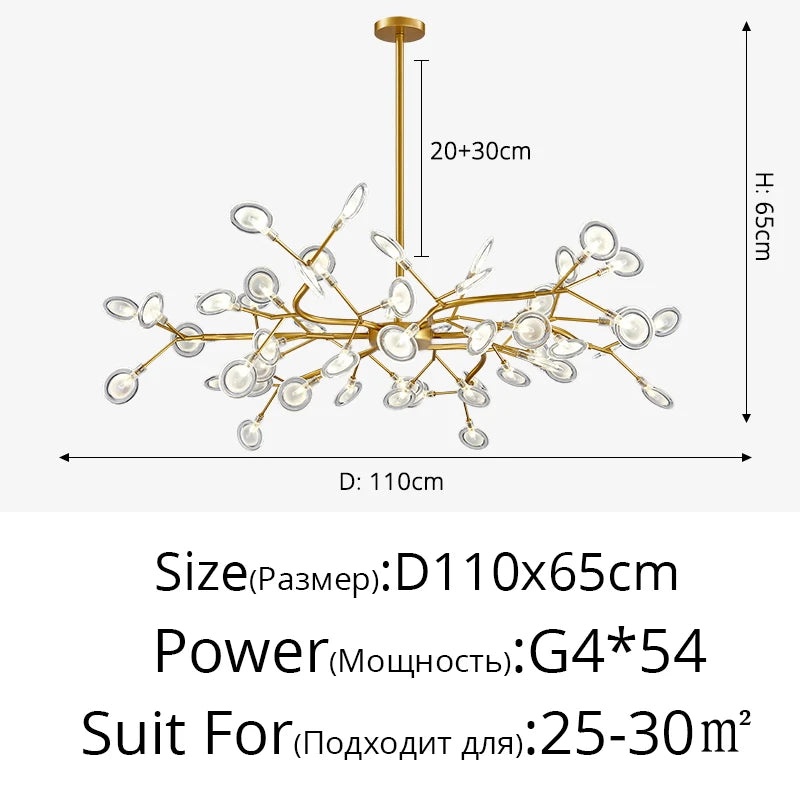 Modern and stunning Nordic-style LED ceiling light with 54 gold G9 bulbs, ideal for living rooms and bedrooms. Luxurious interior decoration