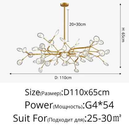 Modern and stunning Nordic-style LED ceiling light with 54 gold G9 bulbs, ideal for living rooms and bedrooms. Luxurious interior decoration