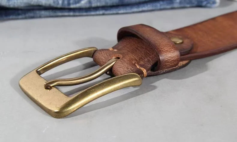 Vintage luxury men's belt, handmade from cowhide leather with a copper buckle, Cinturon Gotico model, versatile for wearing with jeans and other casual outfits
