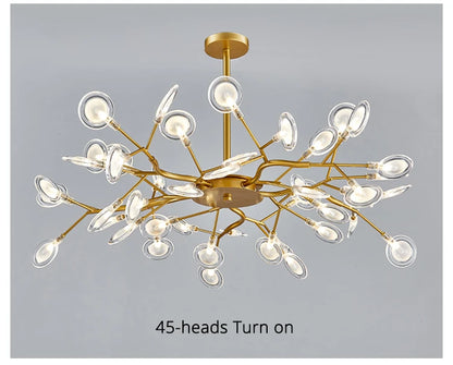 Modern and stunning Nordic-style LED ceiling light with 54 gold G9 bulbs, ideal for living rooms and bedrooms. Luxurious interior decoration