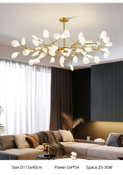 Modern and stunning Nordic-style LED ceiling light with 54 gold G9 bulbs, ideal for living rooms and bedrooms. Luxurious interior decoration