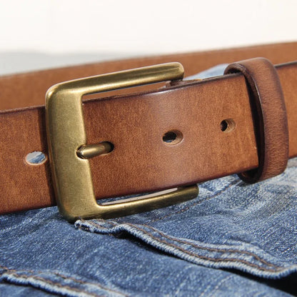 Vintage luxury men's belt, handmade from cowhide leather with a copper buckle, Cinturon Gotico model, versatile for wearing with jeans and other casual outfits