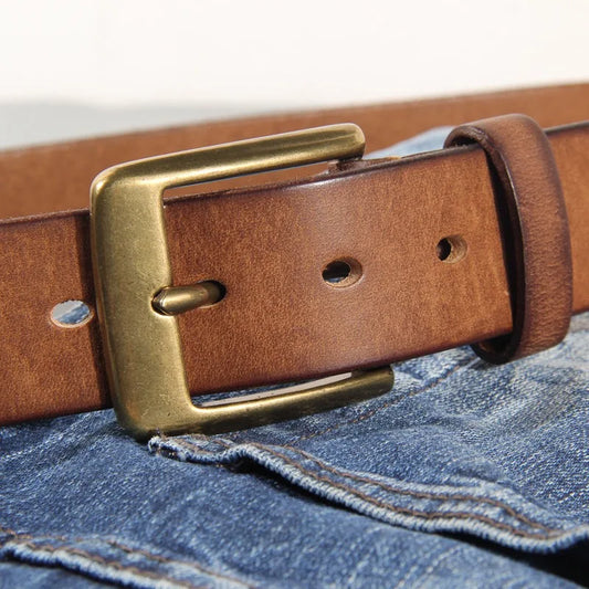 Vintage luxury men's belt, handmade from cowhide leather with a copper buckle, Cinturon Gotico model, versatile for wearing with jeans and other casual outfits