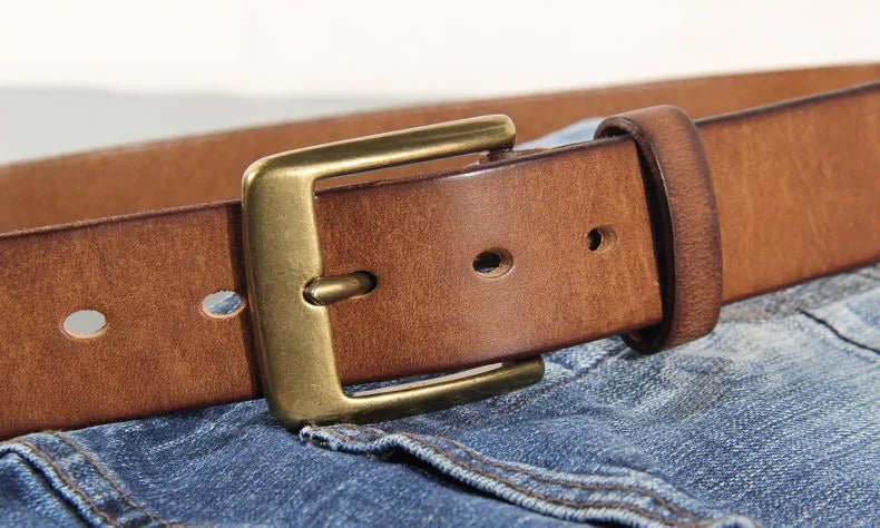 Vintage luxury men's belt, handmade from cowhide leather with a copper buckle, Cinturon Gotico model, versatile for wearing with jeans and other casual outfits