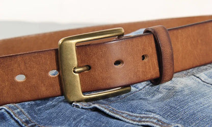 Vintage luxury men's belt, handmade from cowhide leather with a copper buckle, Cinturon Gotico model, versatile for wearing with jeans and other casual outfits