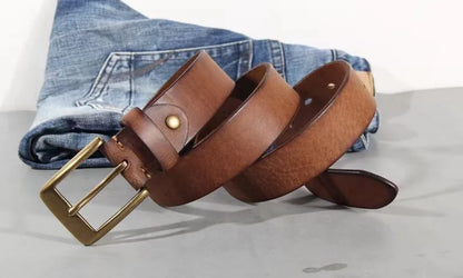 Vintage luxury men's belt, handmade from cowhide leather with a copper buckle, Cinturon Gotico model, versatile for wearing with jeans and other casual outfits