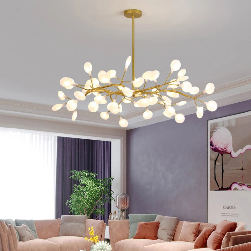 Modern and stunning Nordic-style LED ceiling light with 54 gold G9 bulbs, ideal for living rooms and bedrooms. Luxurious interior decoration