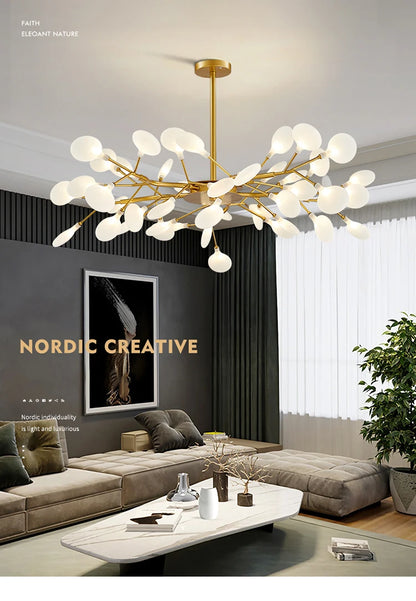 Modern and stunning Nordic-style LED ceiling light with 54 gold G9 bulbs, ideal for living rooms and bedrooms. Luxurious interior decoration