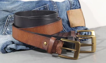 Vintage luxury men's belt, handmade from cowhide leather with a copper buckle, Cinturon Gotico model, versatile for wearing with jeans and other casual outfits