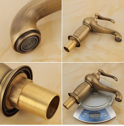 Bathroom faucet with antique bronze finish, made of solid brass, for washbasin, with single lever and water mixer