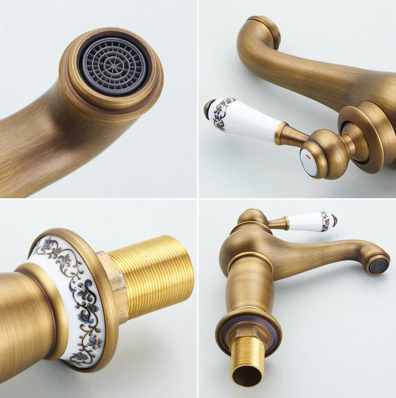 Bathroom faucet with antique bronze finish, made of solid brass, for washbasin, with single lever and water mixer