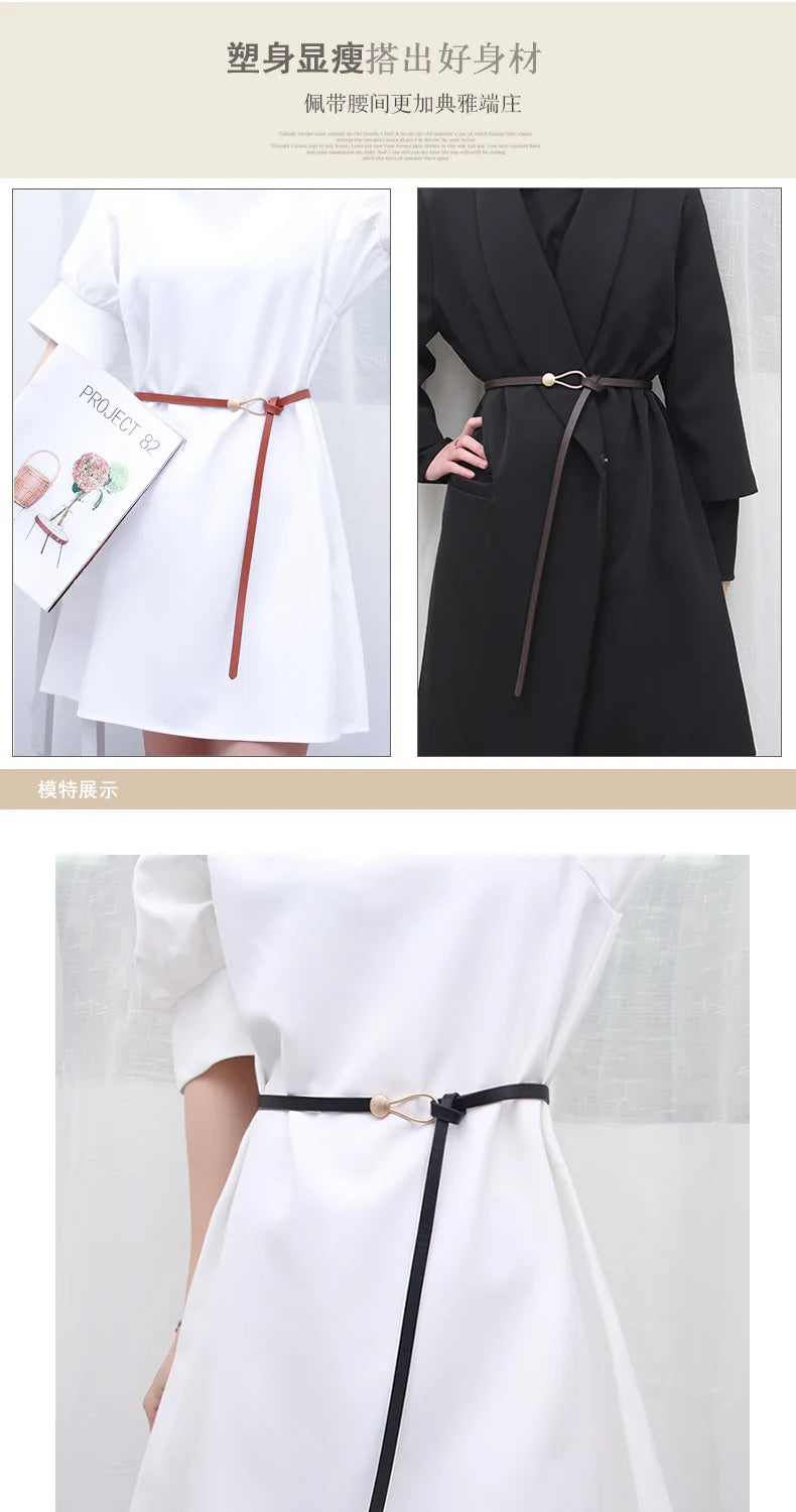 Women's leather belt with a stylish and versatile metal buckle, ideal for pairing with dresses, coats, and sweaters