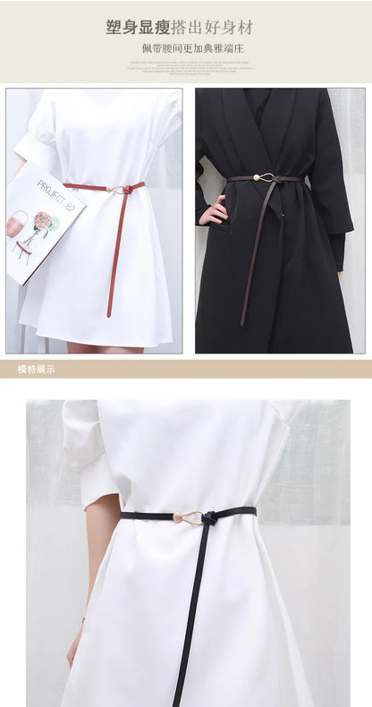 Women's leather belt with a stylish and versatile metal buckle, ideal for pairing with dresses, coats, and sweaters
