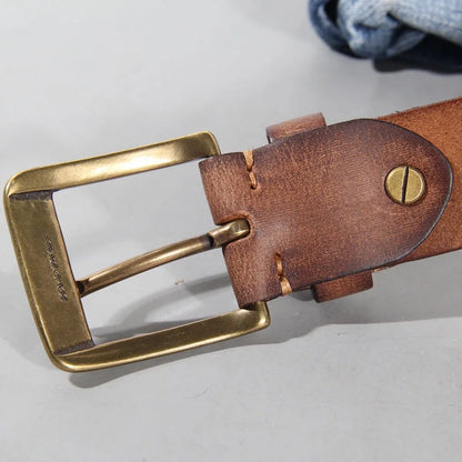 Vintage luxury men's belt, handmade from cowhide leather with a copper buckle, Cinturon Gotico model, versatile for wearing with jeans and other casual outfits